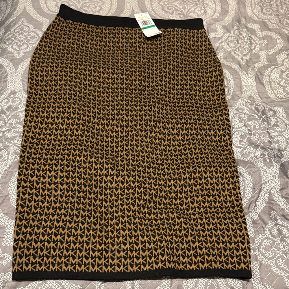 Michael Kors Black & Brown MK Logo Knit Pencil Skirt